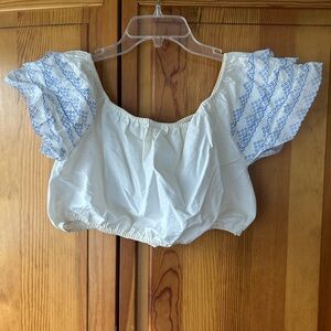 Women’s White and Blue Ruffle Sleeve Women's Crop Top Size S